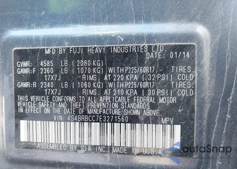 2014 Subaru Outback 2.5I Premium из США, поврежденный, VIN 4S4BRBCC7E3271560